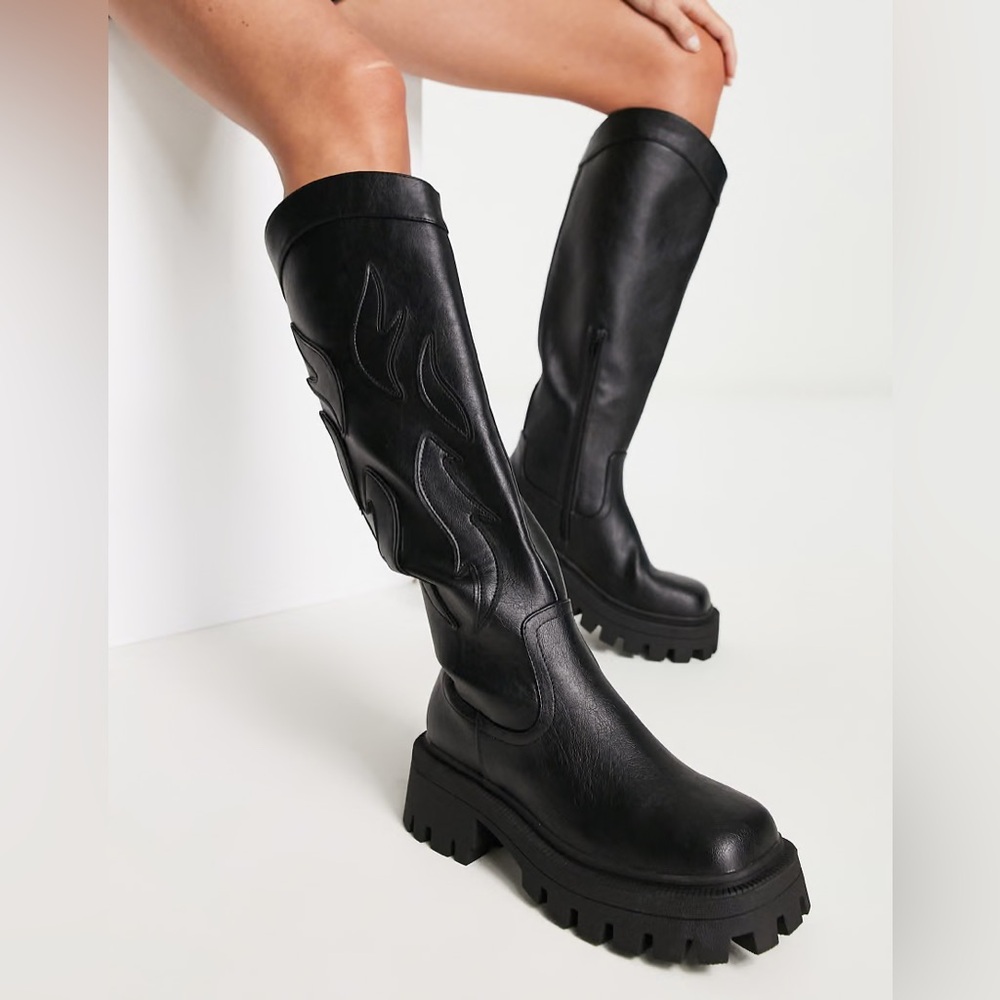 ASOS Black Tall Chunky Lug Combat Boots with Flame Stitch